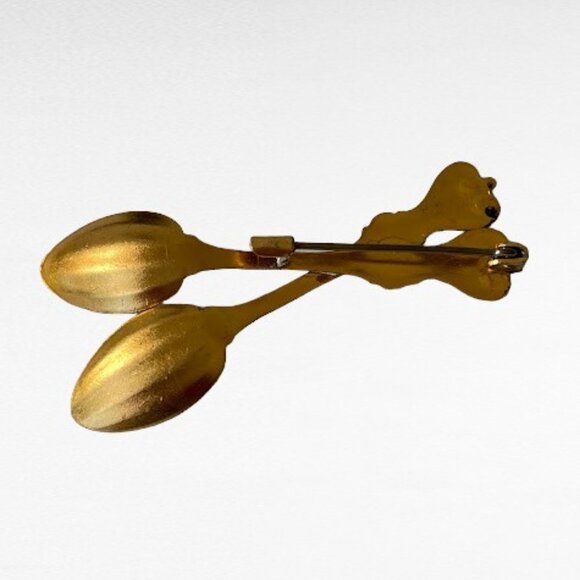 Vintage Gold Tone Spoon Brooch Tiny Fluted Double Spoons Victorian Revival Pin - Picture 5 of 6